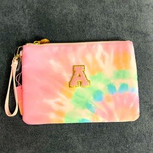 Initial A Stoney clover lane rainbow wristlet pouch with pink and gold patch